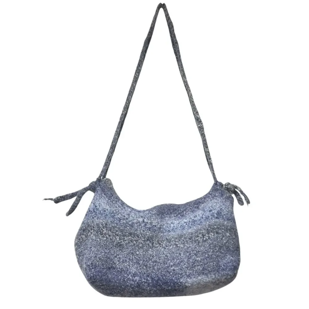 New Hand Woven Knit Shoulder Bag Variegated Blue Felted Wool Fold Over Button
